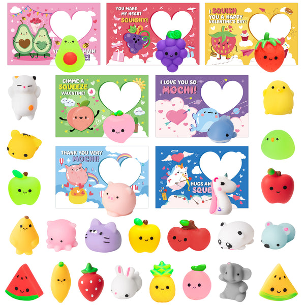 56Pcs Valentine’s Day Mochi Squeeze Toys with Cards Fruit Animals Shape Kawaii Mini Toys Holiday Greeting Cards Stress Relief Assortment Exchange Gifts Classroom Party Favors Supplies for Kid